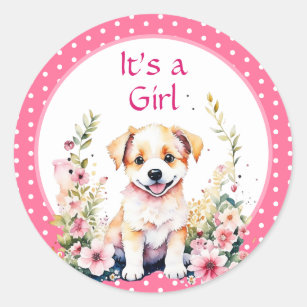 Puppy Dog in Flowers Girl's Baby Shower Its a Girl Classic Round Sticker
