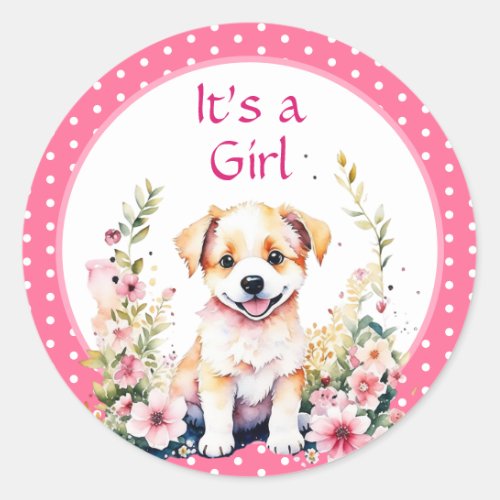 Puppy Dog in Flowers Girls Baby Shower Its a Girl Classic Round Sticker