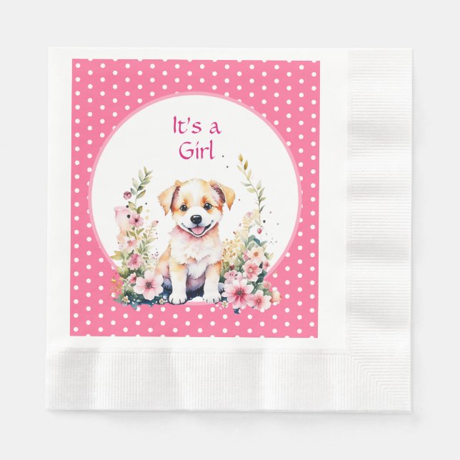 Puppy Dog in Flowers Girl's Baby Shower Its a Girl Napkins (Front)