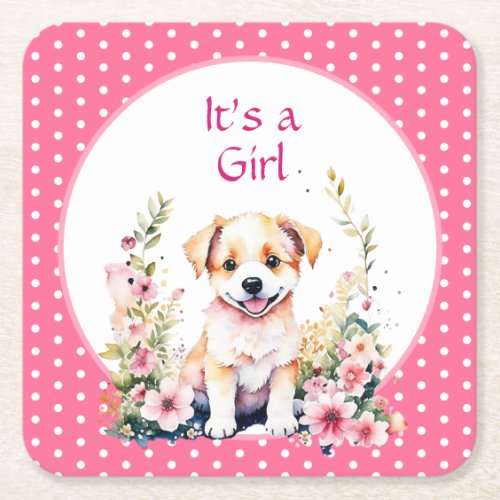 Puppy Dog in Flowers Girls Baby Shower Its a Girl Square Paper Coaster