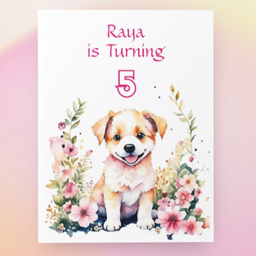 Puppy Dog in Flowers Girls Birthday Party  Invitation