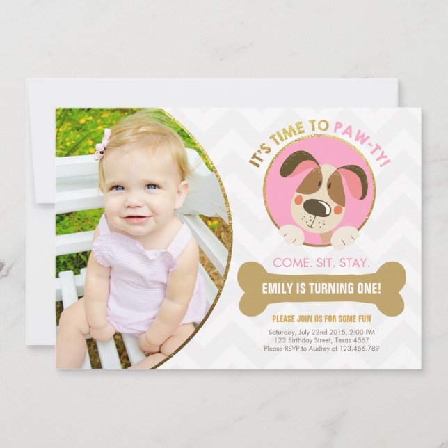 Puppy dog invitation pink and Gold Paw-ty (Front)
