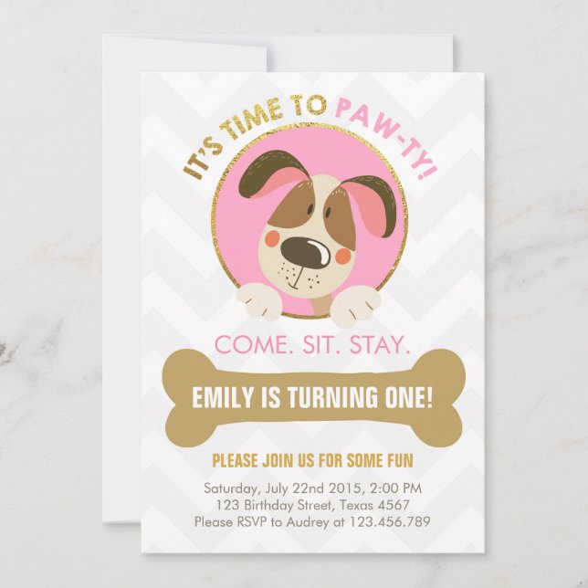 Puppy dog invitation pink and Gold Paw-ty (Front)