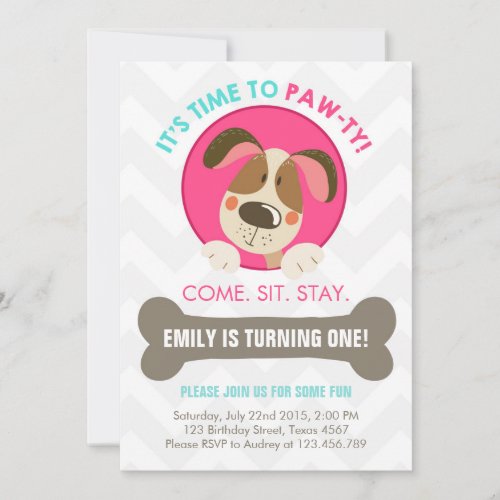 Puppy dog invitation pink turquoise chevron