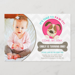 Puppy dog invitation pink turquoise chevron