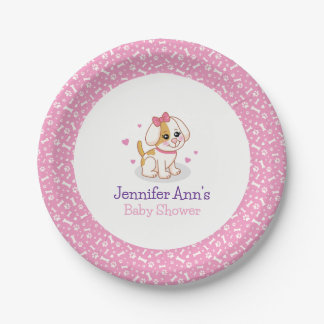 Puppy Dog It's a Girl Pink Hair Bow Baby Shower Paper Plates