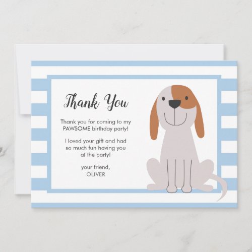 Puppy Dog Kids Birthday Blue Thank You Card