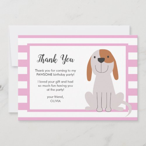 Puppy Dog Kids Birthday Pink Thank You Card
