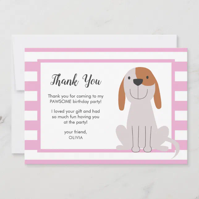 Puppy Dog Kids Birthday Pink Thank You Card | Zazzle