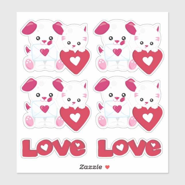 Puppy Dog Kitty Cat Love Valentine Kids Sticker (Sheet)
