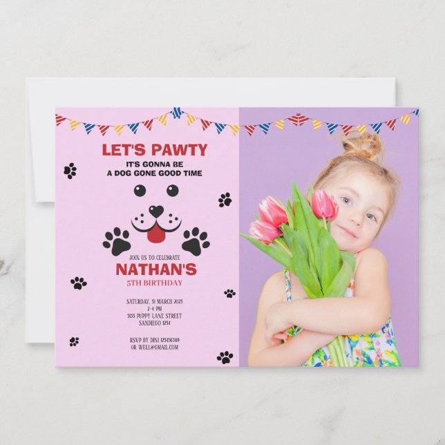 Puppy Dog Lets Pawty  Birthday Boy Photo Invitation (Front)