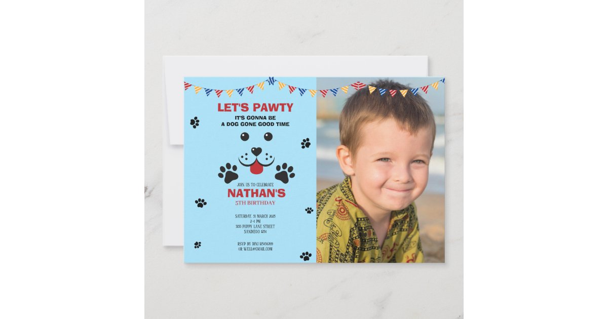 Puppy Dog Lets Pawty Birthday Boy Photo Invitation | Zazzle