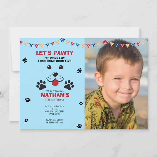 Puppy Dog Lets Pawty  Birthday Boy Photo Invitation (Front)