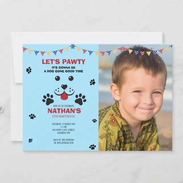 Puppy Dog Lets Pawty Birthday Boy Photo Invitation | Zazzle