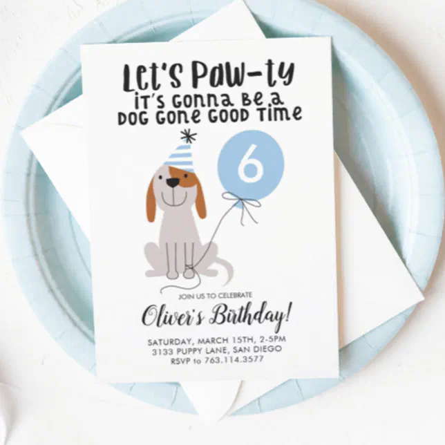 Puppy Dog Lets Pawty Birthday Party Boy Invitation | Zazzle