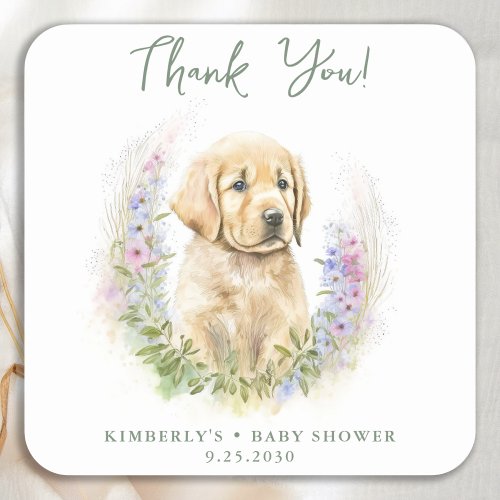 Puppy Dog Modern Sage Cute Baby Shower Thank You Square Sticker