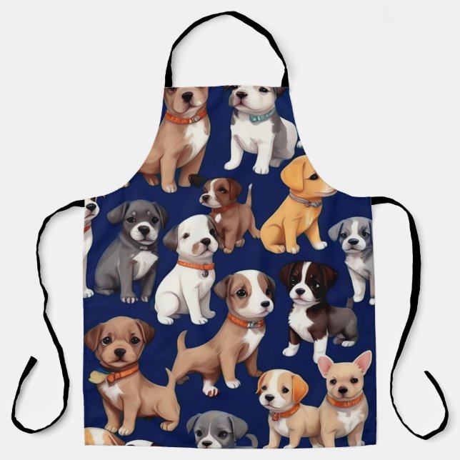 Puppy Dog Navy Blue Pattern Design Apron (Front)