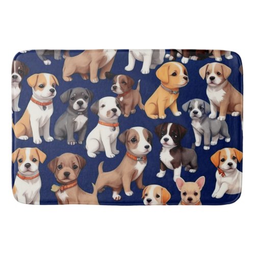 Puppy Dog Navy Blue Pattern Design Bath Mat