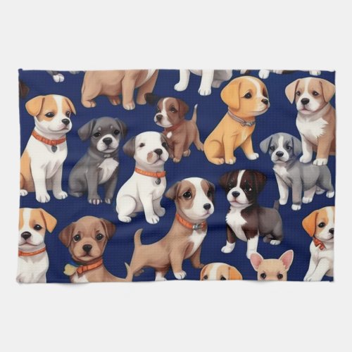 Puppy Dog Navy Blue Pattern Design Kitchen Towel