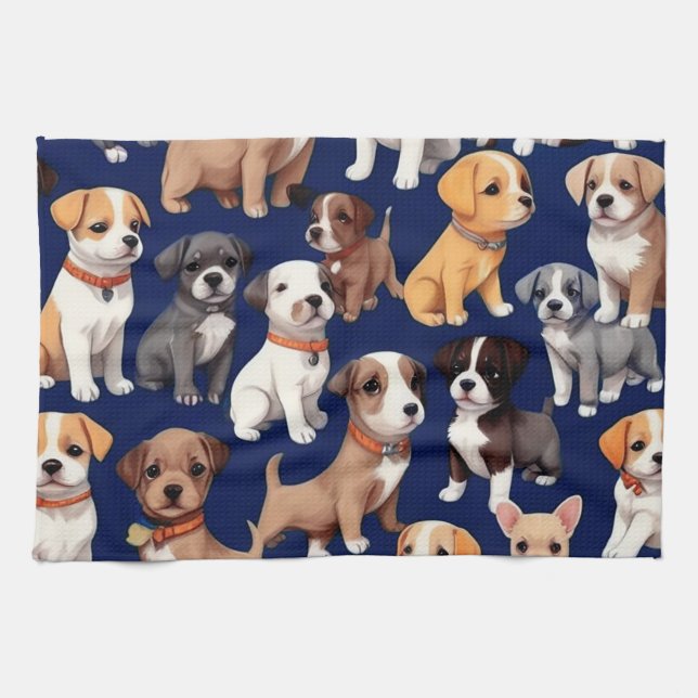 Puppy Dog Navy Blue Pattern Design Kitchen Towel (Horizontal)