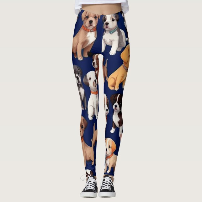 Puppy Dog Navy Blue Pattern Design Leggings (Front)