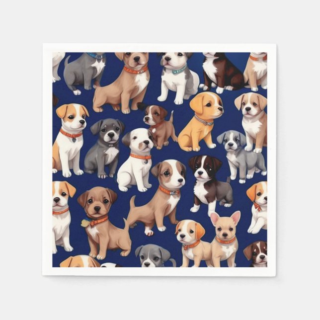 Puppy Dog Navy Blue Pattern Design Napkins (Front)