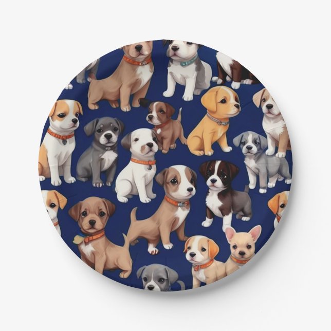 Puppy Dog Navy Blue Pattern Design Paper Plates (Front)