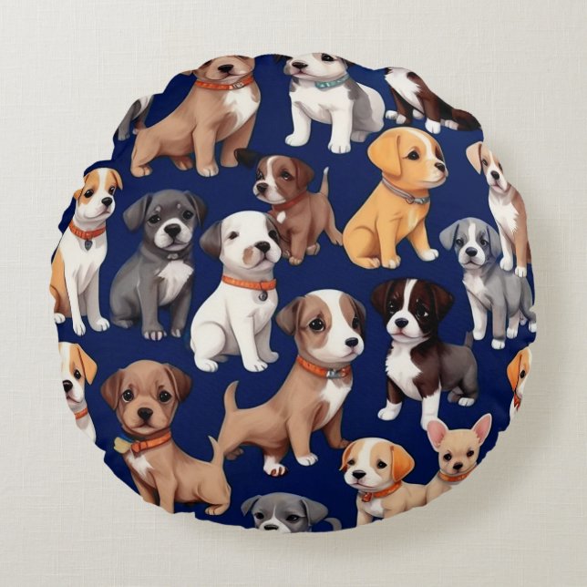 Puppy Dog Navy Blue Pattern Design Round Pillow (Front)