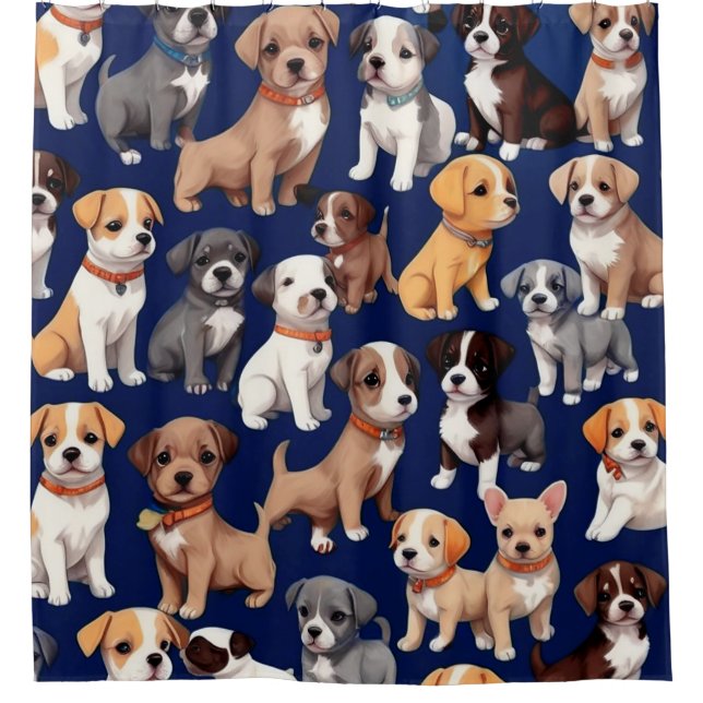 Puppy Dog Navy Blue Pattern Design Shower Curtain (Front)