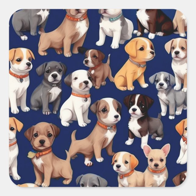 Puppy Dog Navy Blue Pattern Design Square Sticker (Front)