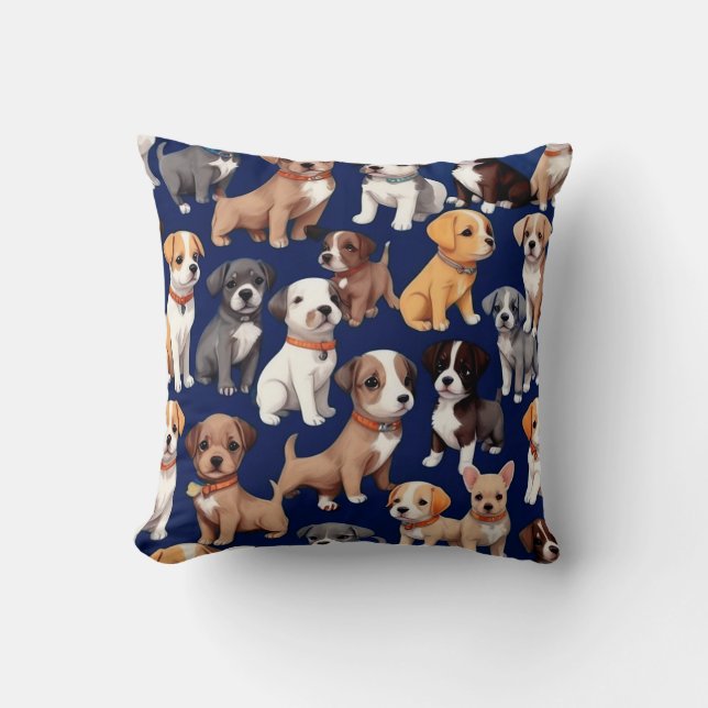 Puppy Dog Navy Blue Pattern Design Throw Pillow (Front)