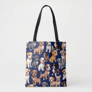 Puppy Dog Navy Blue Pattern Design Tote Bag