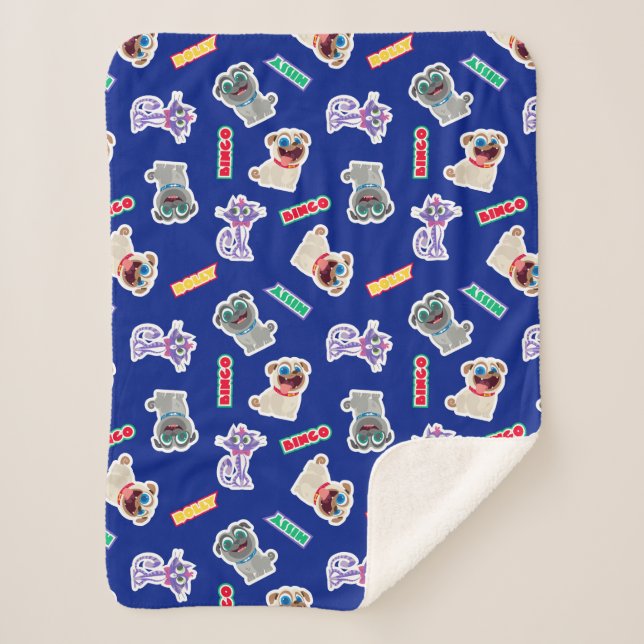 Puppy Dog Pals Blue Character Pattern Sherpa Blanket (Front)