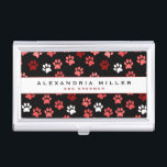 Puppy Dog Paw Print | Black Pink & White Business Card Case<br><div class="desc">Animal themed business card holder features a stylish and whimsical puppy dog paw print pattern with blush pink, white and maroon paw prints on a black background with custom name and title or role presented on a white banner with coordinating pink and black accents and text. Professional animal themed business...</div>