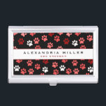 Puppy Dog Paw Print | Black Pink & White Business Card Case<br><div class="desc">Animal themed business card holder features a stylish and whimsical puppy dog paw print pattern with blush pink, white and maroon paw prints on a black background with custom name and title or role presented on a white banner with coordinating pink and black accents and text. Professional animal themed business...</div>