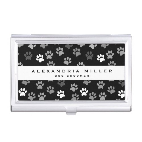 Puppy Dog Paw Print  Black  White Business Card Case