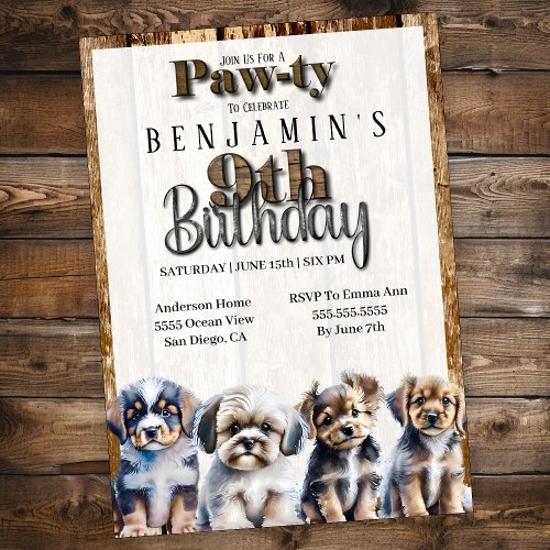 Puppy Dog Pawty Boys 9th Birthday Invitation