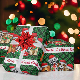 Puppy Dog Personalize Name Green Plaid Christmas Wrapping Paper