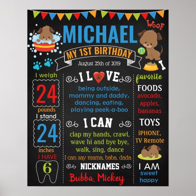 Puppy dog pet First Birthday chalkboard sign (Front)
