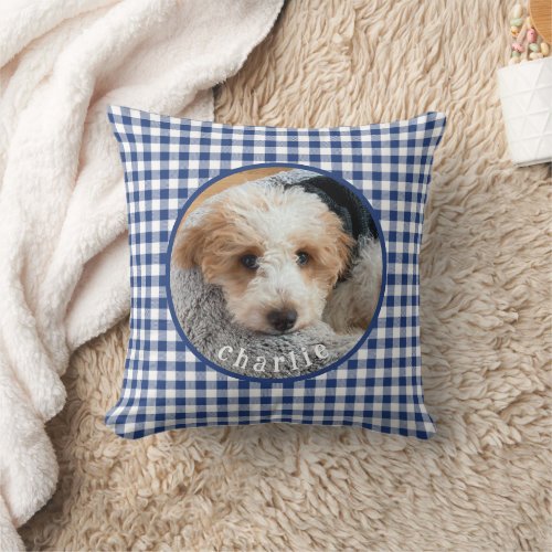 Puppy Dog Pet Personalized Photo Blue Check Throw Pillow