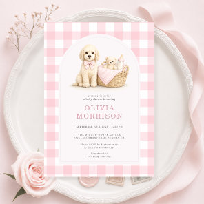 Puppy Dog Pink Gingham Girl Baby Shower Invitation