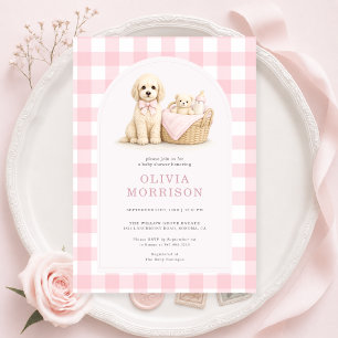 Puppy Dog Pink Gingham Girl Baby Shower Invitation