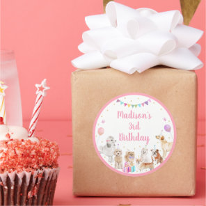 Puppy Dog Pink Girl Paw-ty Birthday Classic Round Sticker