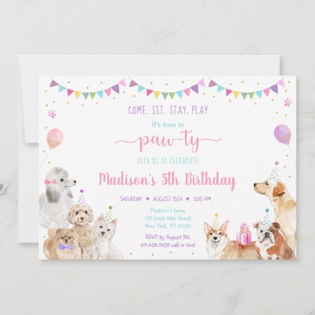 Puppy Dog Pink Gold Girl Birthday Invitation (Front)