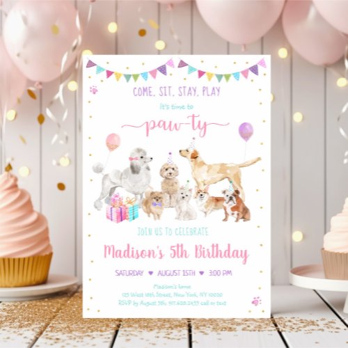 Puppy Dog Pink Gold Girl Birthday Invitation