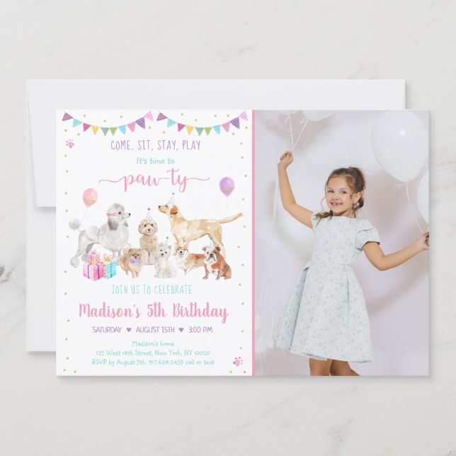 Puppy Dog Pink Gold Girl Birthday Invitation (Front)