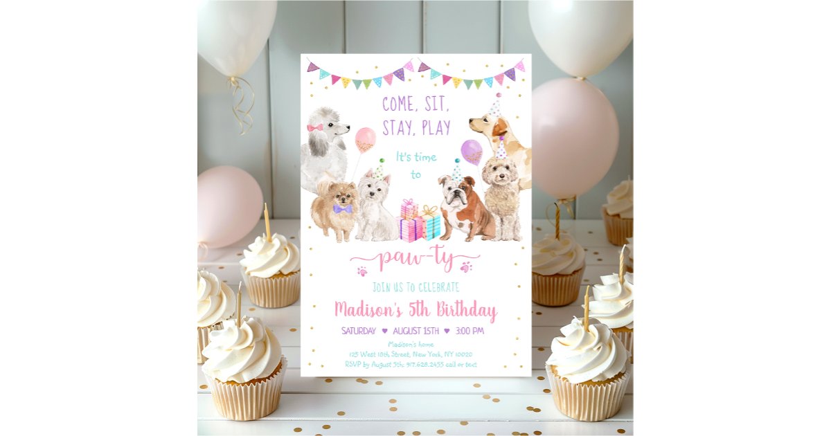 Puppy Dog Pink Gold Girl Paw-ty Birthday Invitation | Zazzle