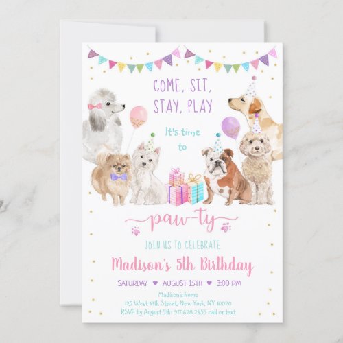 Puppy Dog Pink Gold Girl Paw_ty Birthday Invitation