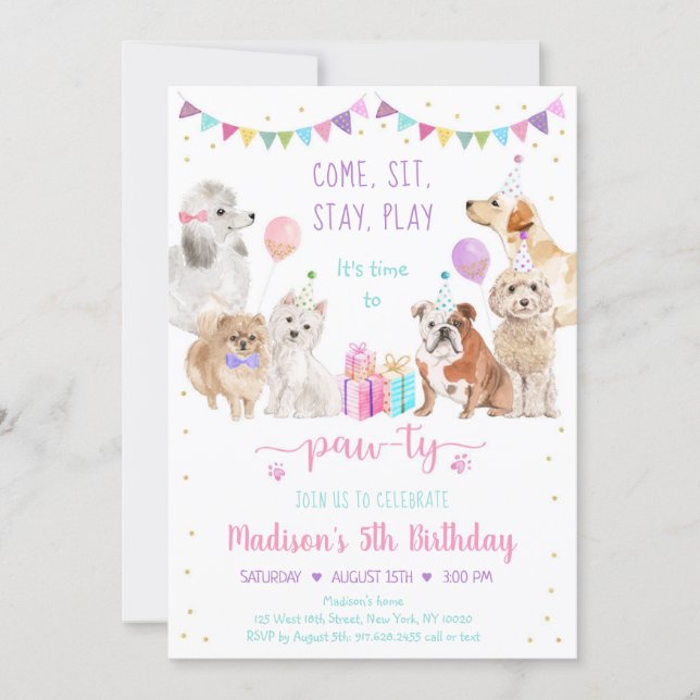 Puppy Dog Pink Gold Girl Paw-ty Birthday Invitation (Front)
