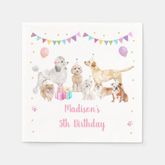 Puppy Dog Pink Gold Paw-ty Girl Birthday Napkins